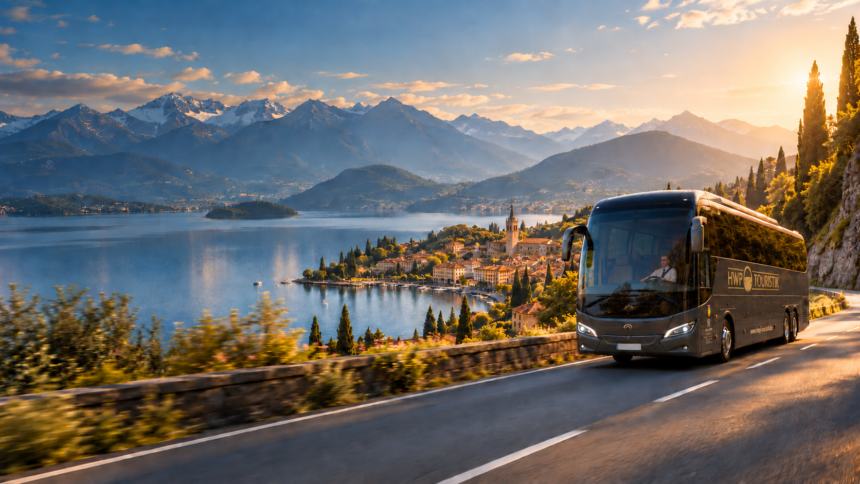 Reisebus auf der Autobahn im Abendlicht